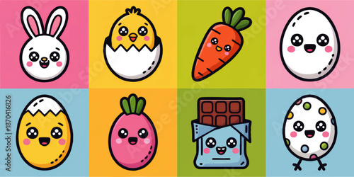 Cute kawaii Easter icons set with bunny chick eggs carrot chocolate bar and spring sweets on colorful pastel squares background