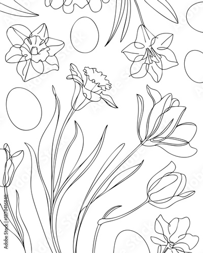 Spring floral seamless pattern with Easter eggs, continuous line drawing daffodils and tulips outline illustration on transparent background