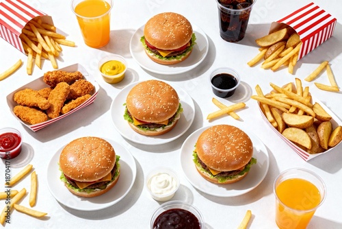 Assorted Fast Food Meal with Burgers, Fries, and Fried Chicken on White Background