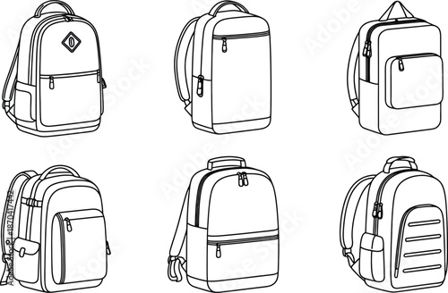 Minimalist School Backpack Vector Icon Set. Collection of Six Modern Bag Outlines, Travel Rucksack Sketches, and Student Bookbag Line Art Illustrations
