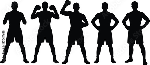 Professional Boxer Silhouette Vector Set. Collection of Male Fighters in Action Poses, Boxing Match Victory Stances, and Athletic Training Outlines