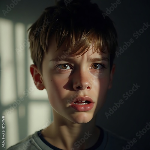 Boy Looking Anxious in Harsh Lighting