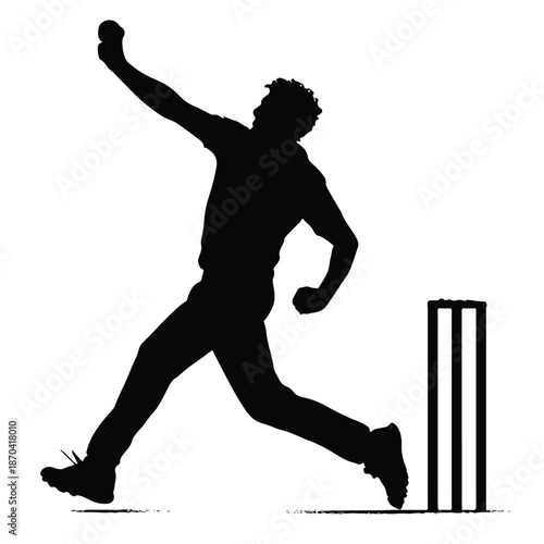 Cricket bowler silhouette in action delivery pose with wickets
