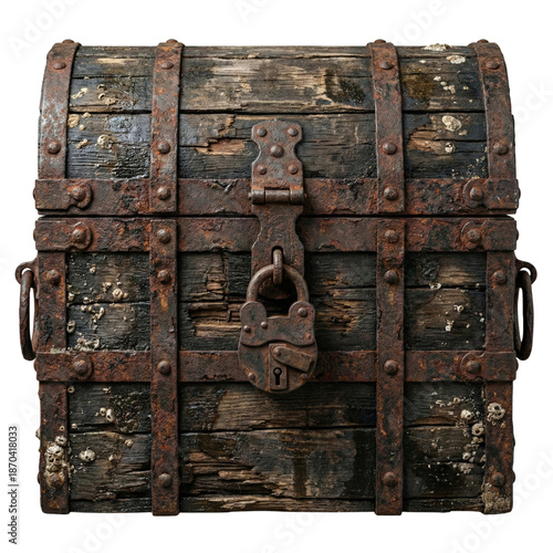 Photography Ancient weathered pirate chest with heavy rust