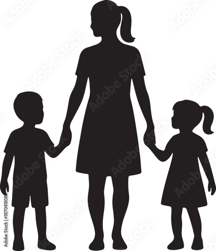 Silhouette of a mother holding hands with her son and daughter