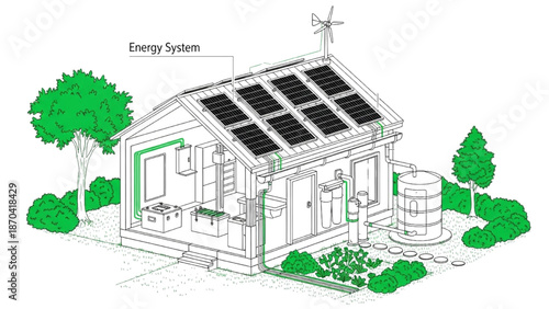 High-Quality Black Continuous Line Art of Exploded Isometric Off-Grid Tiny Home Showing Energy and Water Systems with Greenery