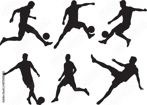 Professional Football Player Silhouettes in Action Including Kicking and Dribbling, Set of Soccer Athlete Icons for Sports Design and Coaching Material