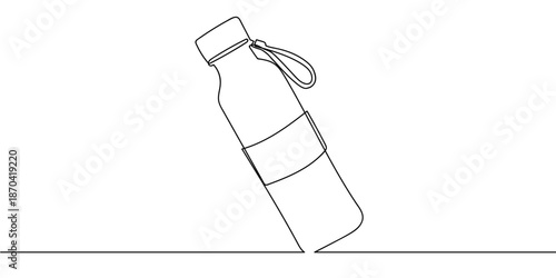 Continuous line art on a stainless steel water bottle. line art on transparent background Editable stroke.