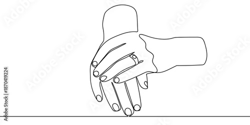 A continuous artistic line hands clasped together, with a ring placed on the ring finger a wedding ring. line art on transparent background Editable stroke.