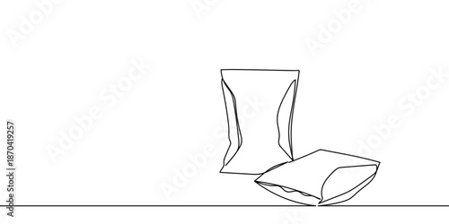 Continuous line art on two snack packaging bags. line art on transparent background Editable stroke.