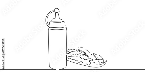 Continuous line art of squeeze sauce bottles and french fries. line art on transparent background Editable stroke.
