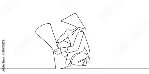 A continuous line of art a farmer cutting rice stalks. line art on transparent background Editable stroke.