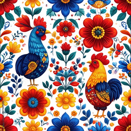Colorful Roosters and Flowers Seamless Pattern: Vibrant Folk Art Illustration on White