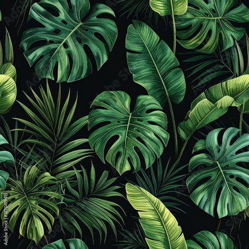 Lush Tropical Foliage Seamless Pattern with Monstera and Palm Leaves on Black