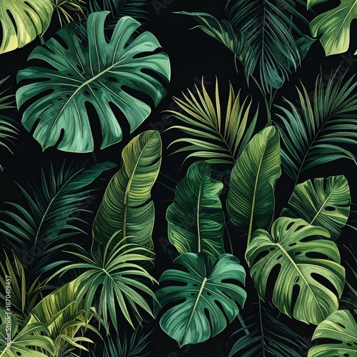 Dark Green Tropical Leaves Seamless Pattern on Black Background for Textile Design