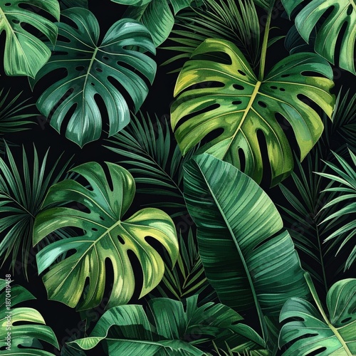 Vibrant Green Tropical Leaves Seamless Pattern on Dark Background for Textile Design