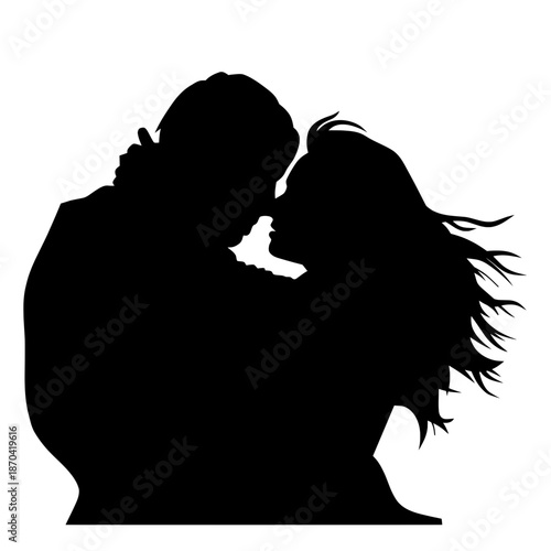 Romantic silhouette of a loving couple in a passionate embrace. Man and woman with flowing hair about to kiss. Intimate art for Valentine's Day, wedding, anniversary, or engagement themes.
