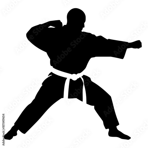 Black silhouette of a martial arts athlete performing a karate punch. Dynamic fighter in traditional gi uniform with belt. Concept of strength, discipline, and combat sports training.