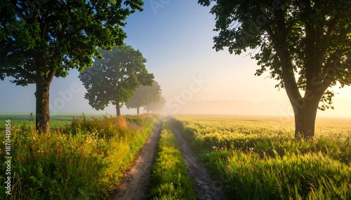 Misty Morning Path - A Serene Landscape of Natures Beauty.