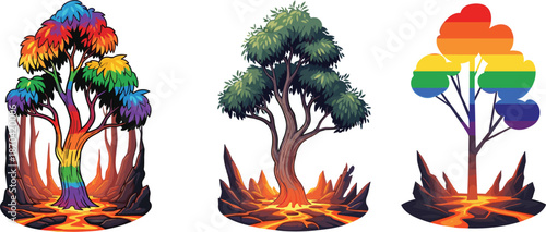 Colorful Rainbow Trees Fantasy Nature Illustration, Surreal Forest Landscape with Glowing Lava Ground vector illustration