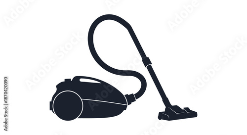 A dark sleek outline of a canister vacuum cleaner leaning with its hose and head silhouette