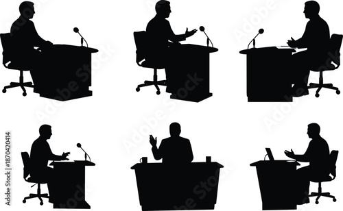 Conference silhouette, panel discussion, business meeting, public speaking, media communication, professional presentation, corporate event, debate stage, interview, broadcast