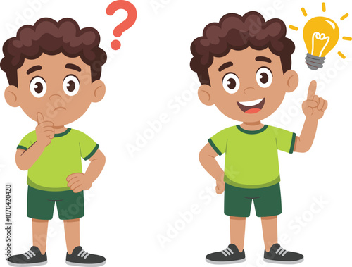 Confused cartoon boy with question mark, happy boy with light bulb idea, problem‑solving concept, children’s illustration
