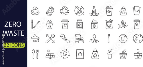 Zero waste and sustainability line icon set. Eco-friendly lifestyle, recycling, and renewable energy symbols.