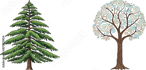 Coniferous pine tree illustration, evergreen nature artwork, stylized deciduous tree with colorful swirls, seasonal contrast, artistic design, environmental diversity concept