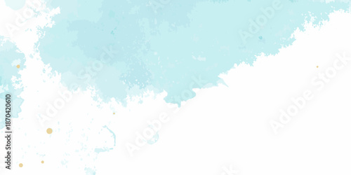 Soft watercolor wash background with white and light blue hues and gold flecks