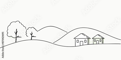 Simple sketch of a rural landscape featuring houses hills and trees