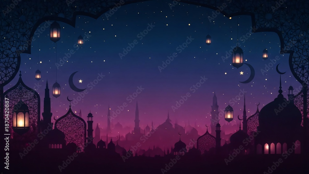 Fototapeta premium Ramadan Night & Eid El Fitr Celebration Islamic Cityscape Lanterns Crescent Moon Background Design