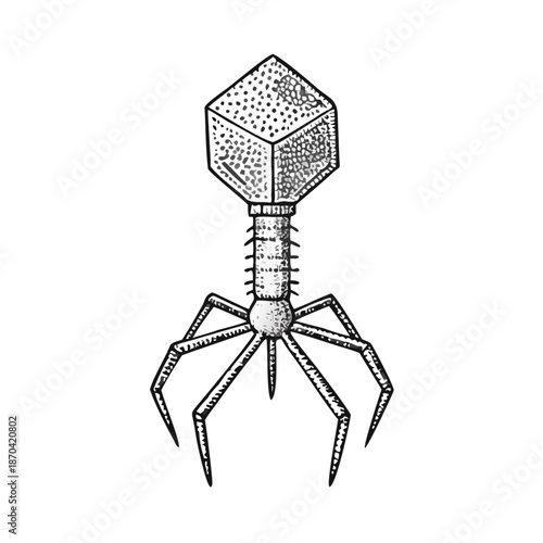 Detailed illustration of a bacteriophage virus structure against a dark background