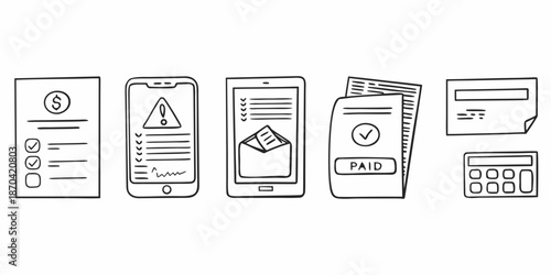 Hand drawn illustrations of mobile payments bills and financial transactions