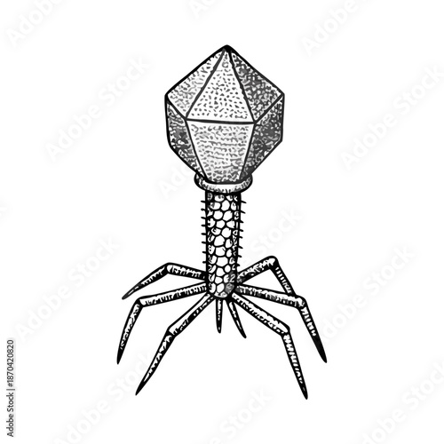 A grayscale illustration of a bacteriophage virus structure with a complex head