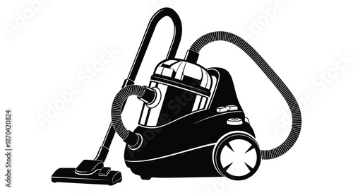 A detailed black and white illustration depicts a classic canister vacuum cleaner a household cleaning tool silhouette