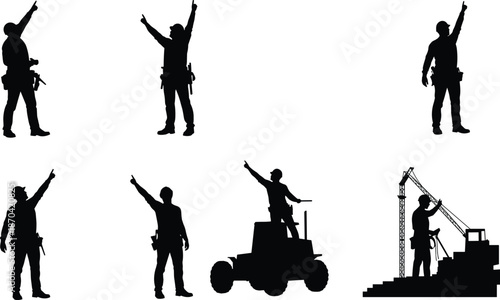 Construction machinery silhouettes with workers, industrial equipment vehicles, concrete pump and roadwork machines illustration for engineering, infrastructure, building industry graphics