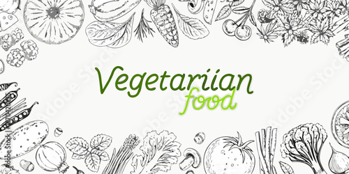 Botanical illustration with fruits vegetables and the word vegetarian in green