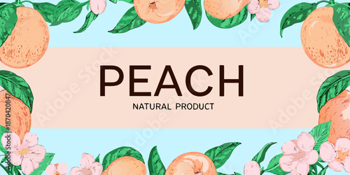 A vibrant illustration showcasing peaches blossoms and the word peach in bold text