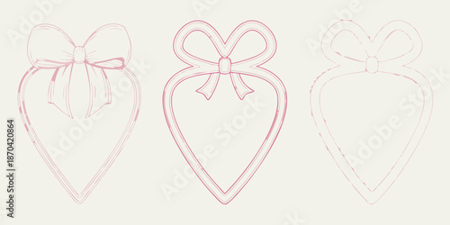 Delicate pink sketches of three heart shapes adorned with bows