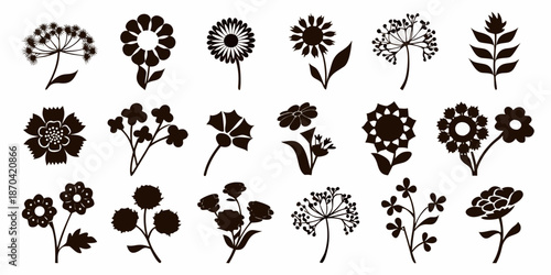 A collection of monochrome floral silhouettes displaying diverse botanical arrangements