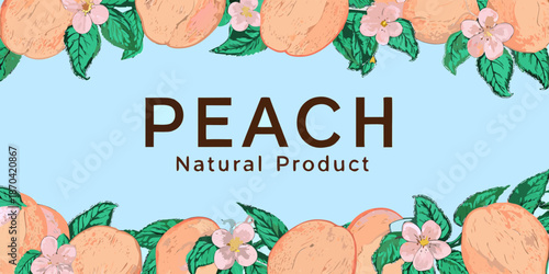 A decorative illustration featuring peaches blossoms and the word peach