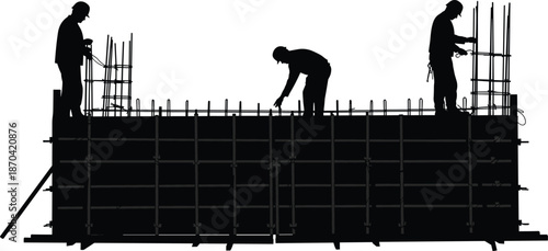 Construction scaffolding silhouette, rebar reinforcement artwork, structural engineering design, industrial teamwork illustration, building site job art