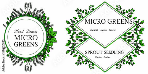 Two decorative labels featuring microgreens and botanical illustrations for organic products