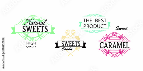 Collection of colorful vintage style labels advertising natural sweets and caramel products