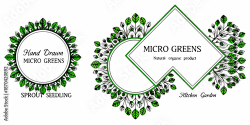 Hand drawn micro greens logo designs with leaves and circular frames