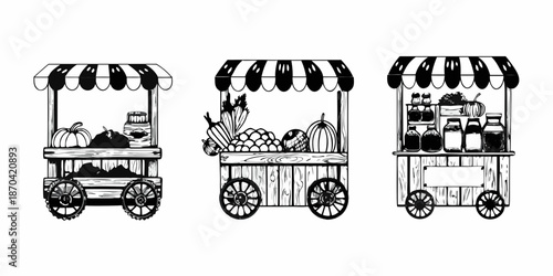 Three vintage market carts displaying pumpkins produce and jars