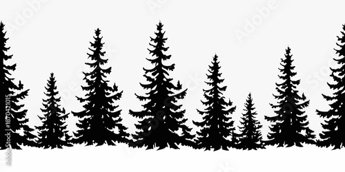 Silhouetted evergreen trees form a dark forest line against a white backdrop