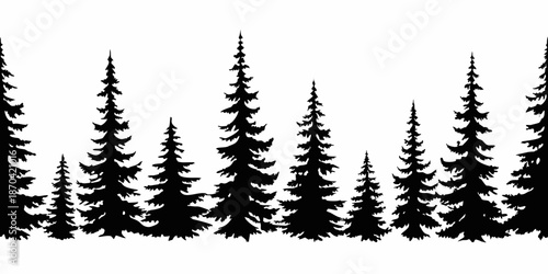 A silhouetted forest landscape with varying heights of evergreen trees