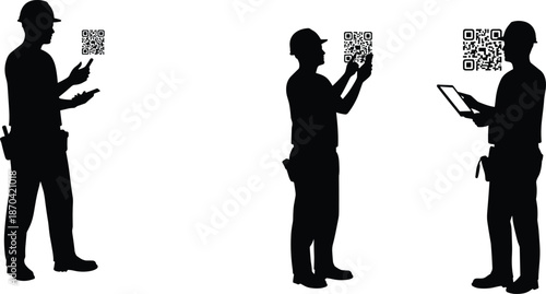 Construction worker QR code, digital device silhouette, smartphone scanning artwork, modern technology design, industrial workflow illustration